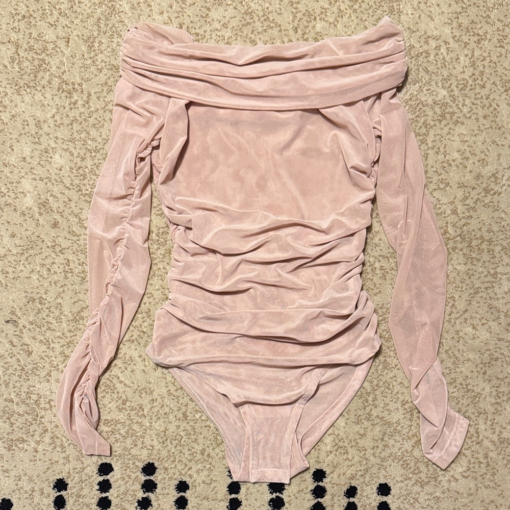 SHEIN Blush Pink/Nude Off-Shoulder Mesh Bodysuit